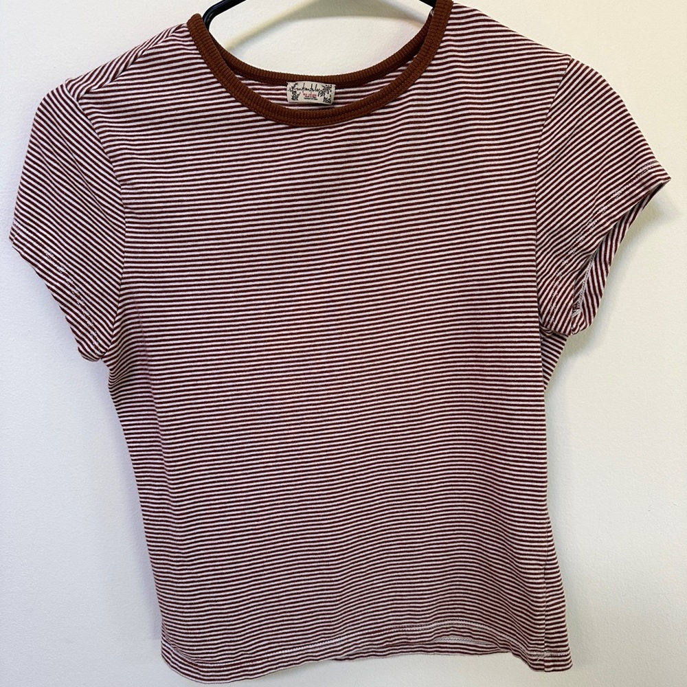 Free People Brown and White Striped Short Sleeve Tee